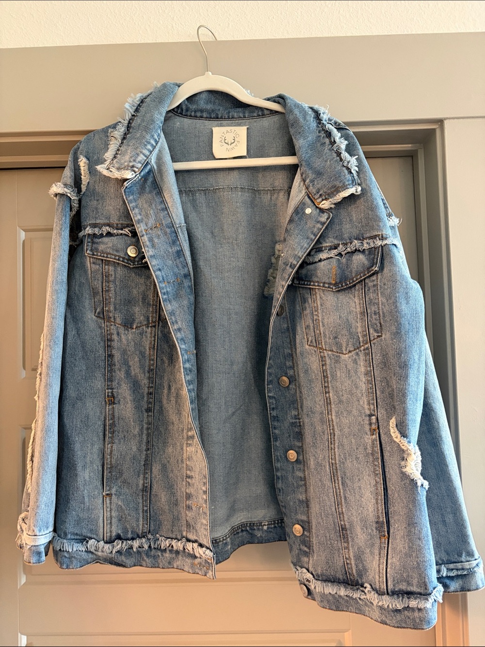 Distressed Light Blue Denim Jacket - Oversized